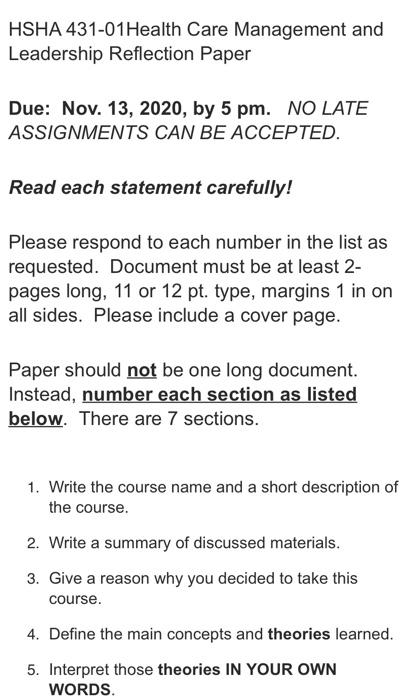 HSHA 431-01 Health Care Management and Leadership