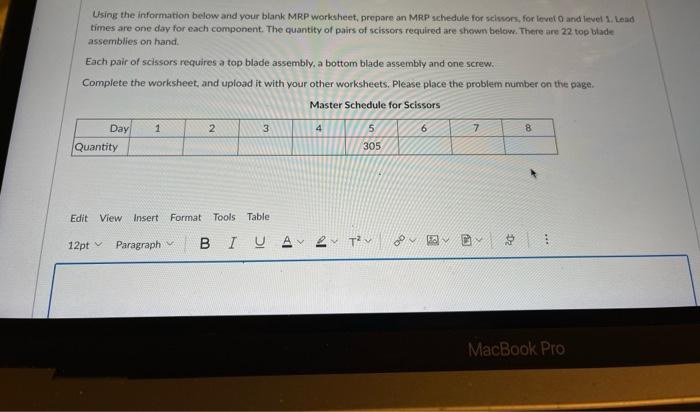 Using the information below and your blank MRP