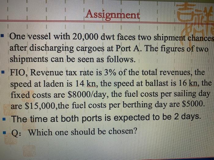 Assignment Chic - One vessel with 20,000 dwt