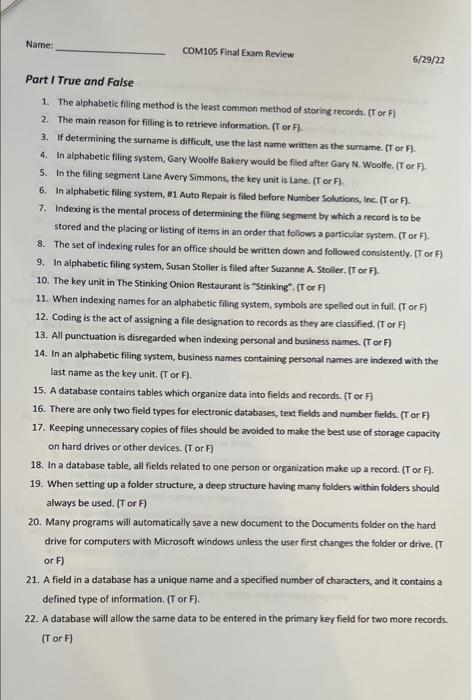 Name: COM105 Final Exam Review 6/29/22 Part I