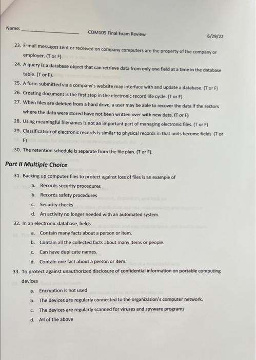 Name: COM105 Final Exam Review 6/29/22 Part I