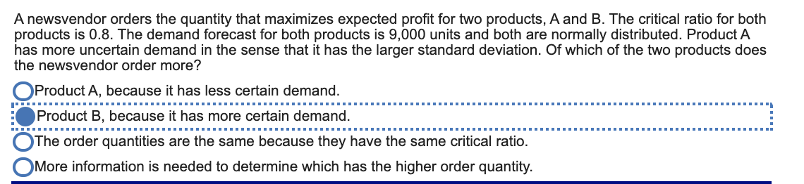 A newsvendor orders the quantity that maximizes