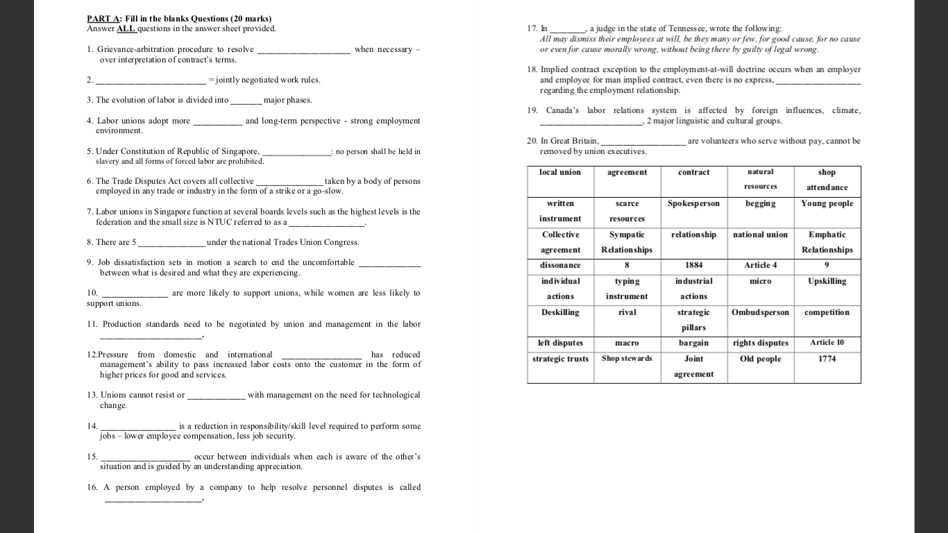 Please answer all. Thank you PART A: Fill in the