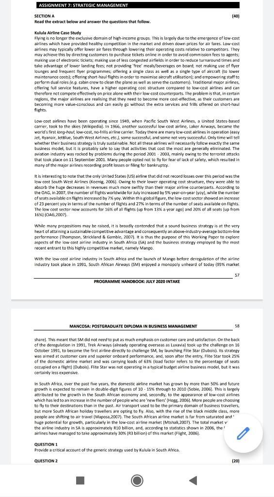 ASSIGNMENT 7: STRATEGIC MANAGEMENT (40) SECTION A