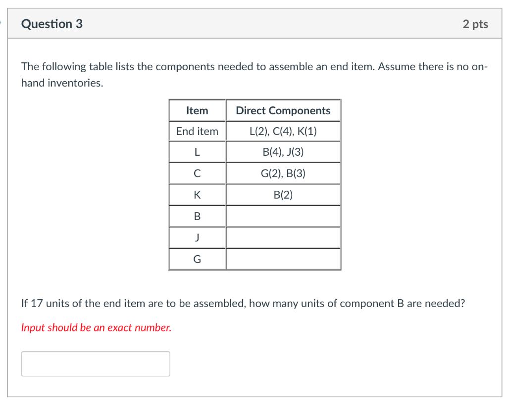 Question 3 2 pts The following table lists the