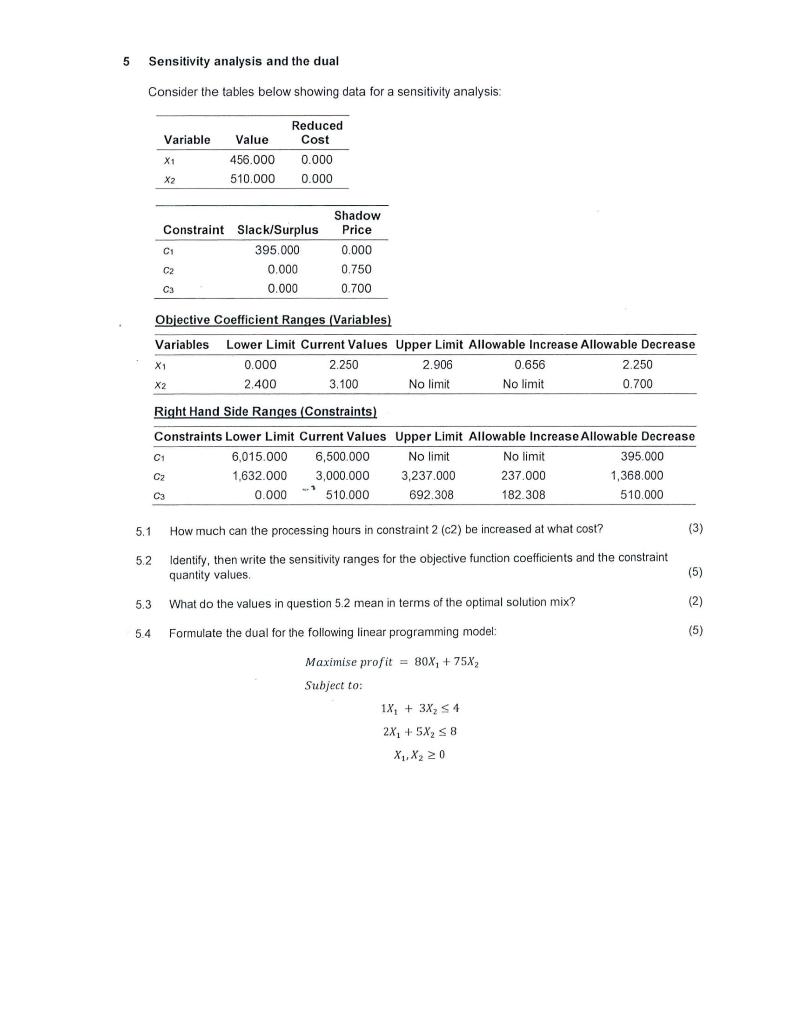 5 Sensitivity analysis and the dual Consider the