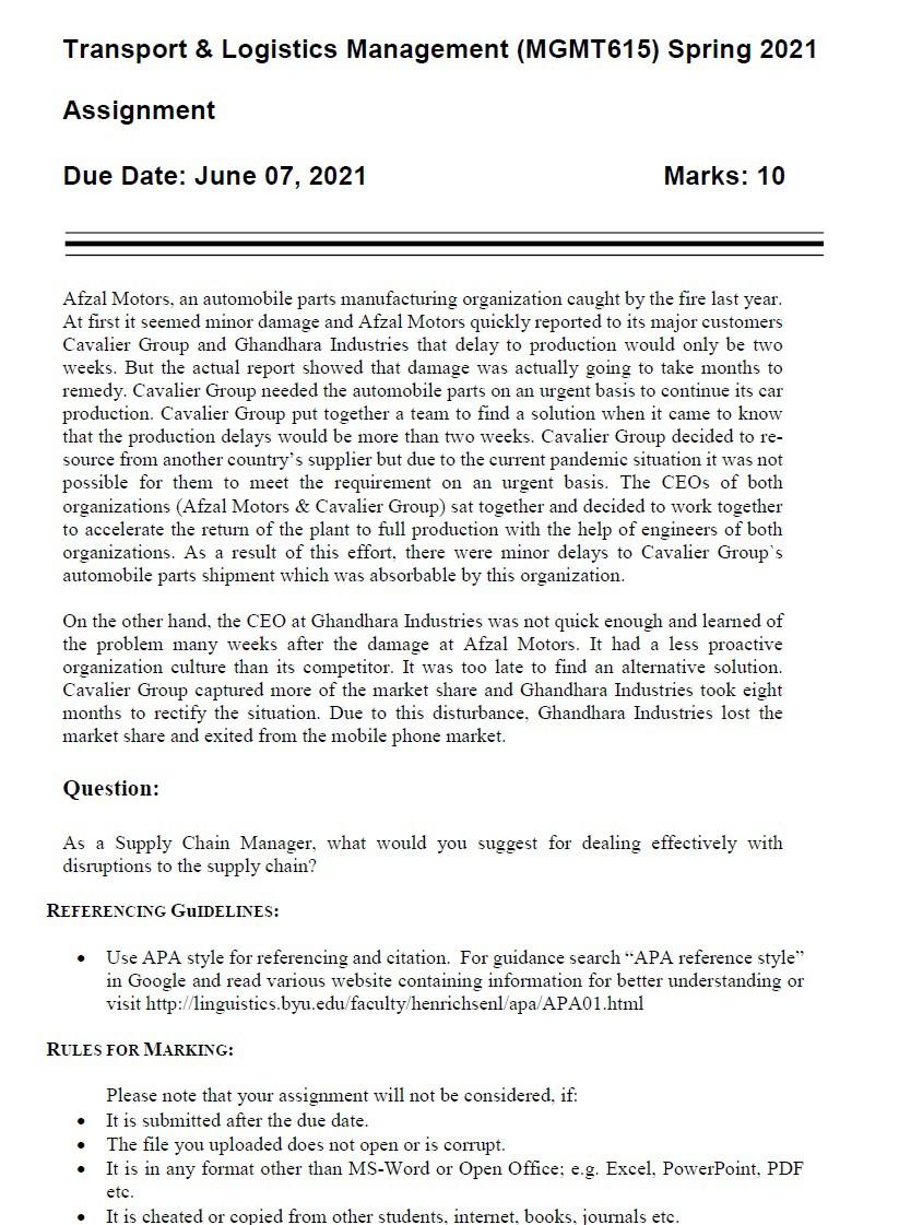 Transport & Logistics Management (MGMT615) Spring