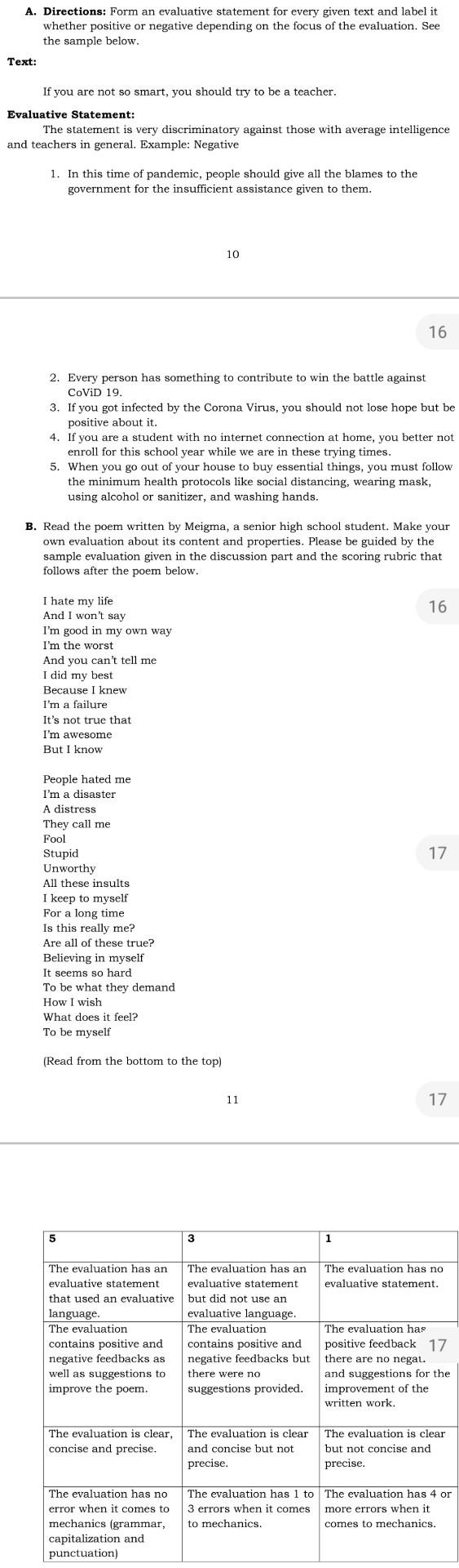 A. Directions: Form an evaluative statement for