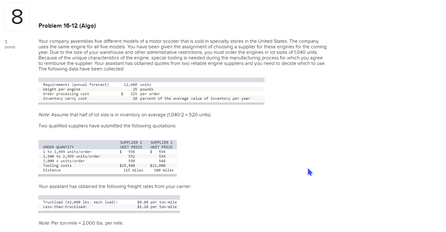 00 Problem 16-12 (Algo) 3 points Your company