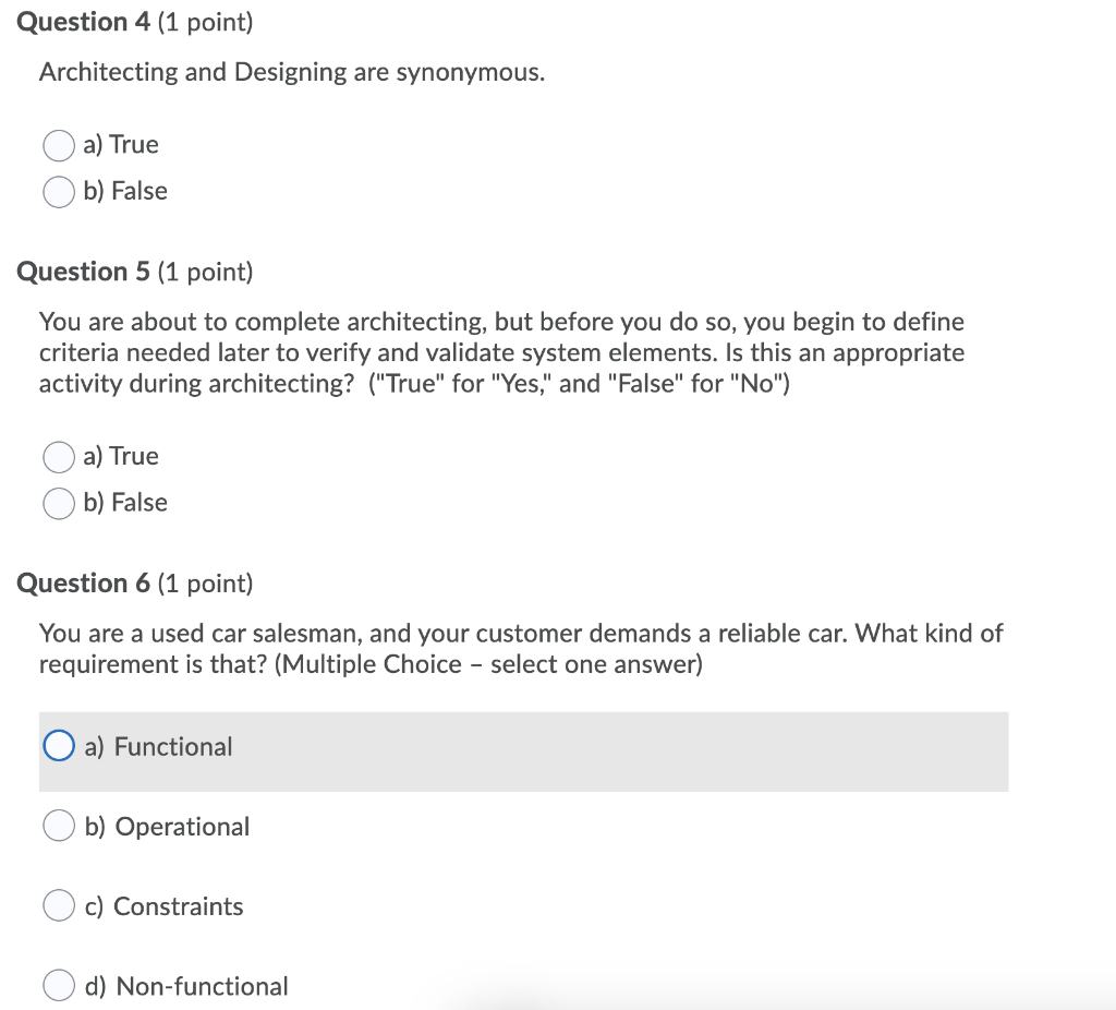 Question 4 (1 point) Architecting and Designing