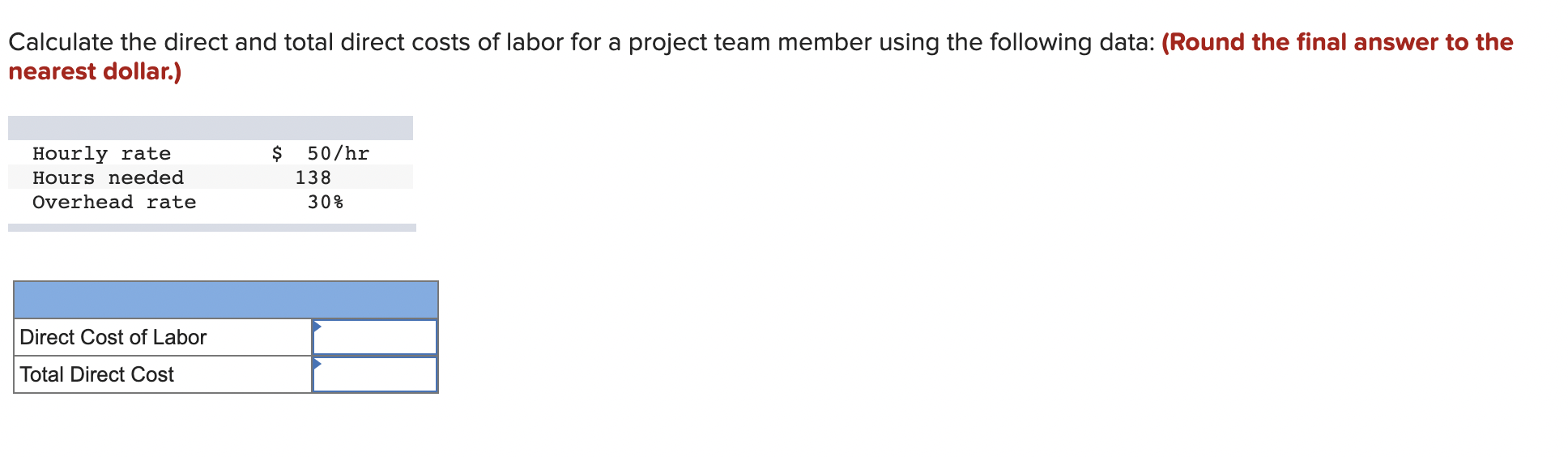 Calculate the direct and total direct costs of