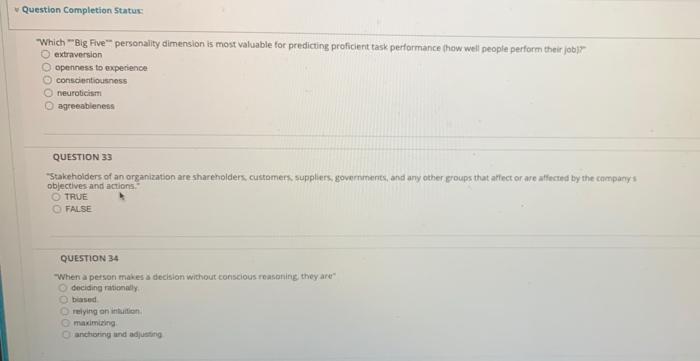 Question Completion Status Which "Big Five"