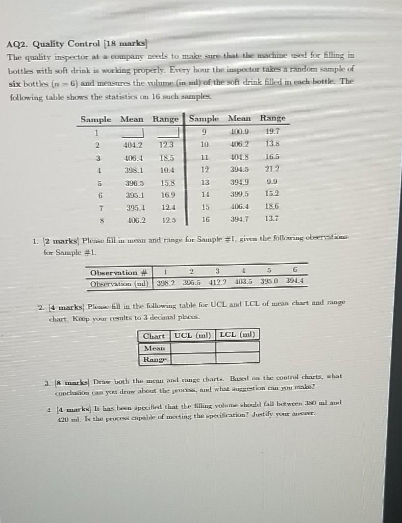 AQ2. Quality Control 18 marks) The quality