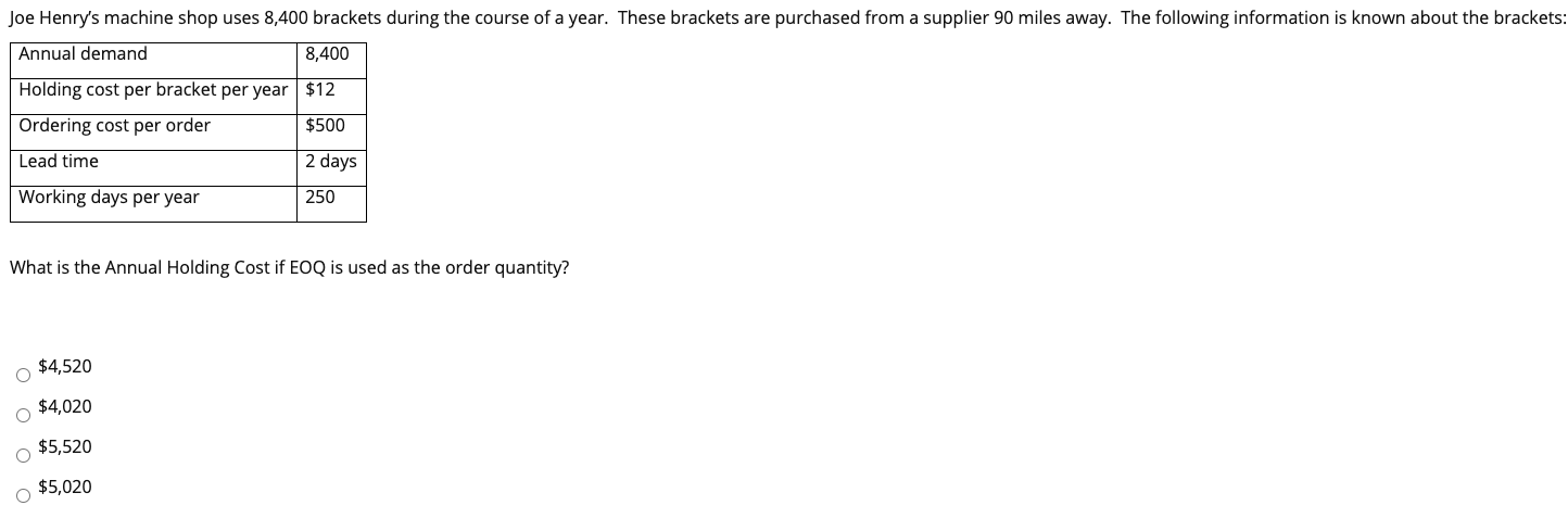 Joe Henry's machine shop uses 8,400 brackets