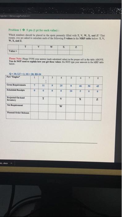 Dictor&P01 Problem 15 pts (pt for each value)