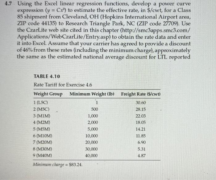 4.7 Using the Excel linear regression functions,