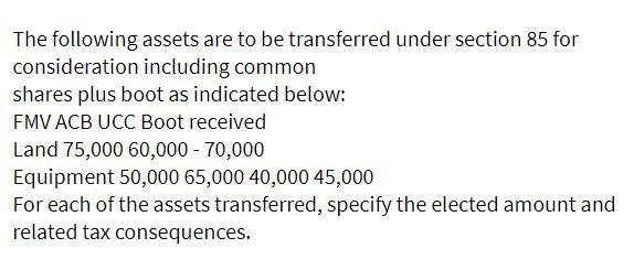The following assets are to be transferred under