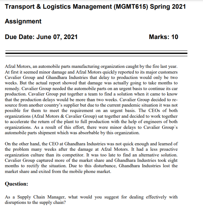 Transport & Logistics Management (MGMT615) Spring