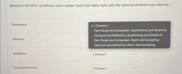 Based on the DisC workforce styles model, match