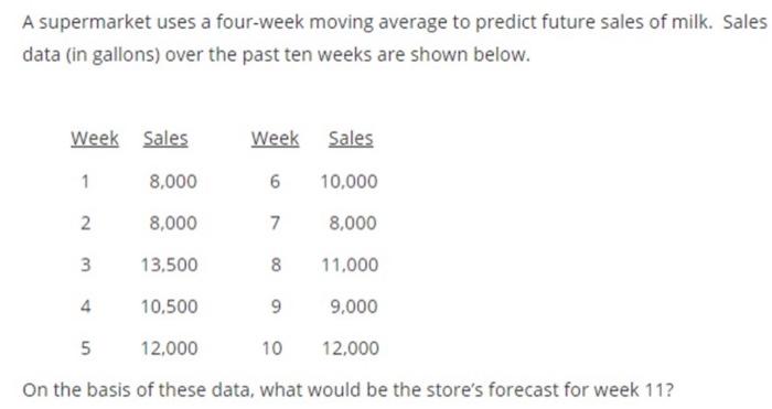 calculate the four-week moving average for the