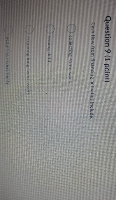 Question 9 (1 point) Cash flow from financing