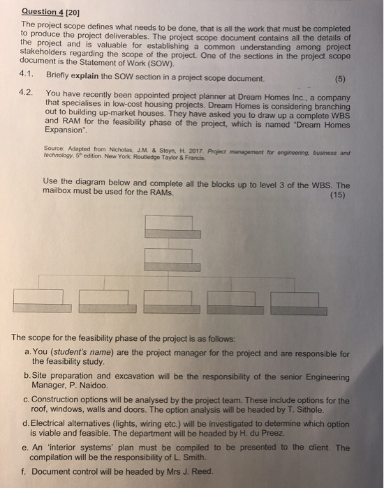 Question 4 [20] The project scope defines what
