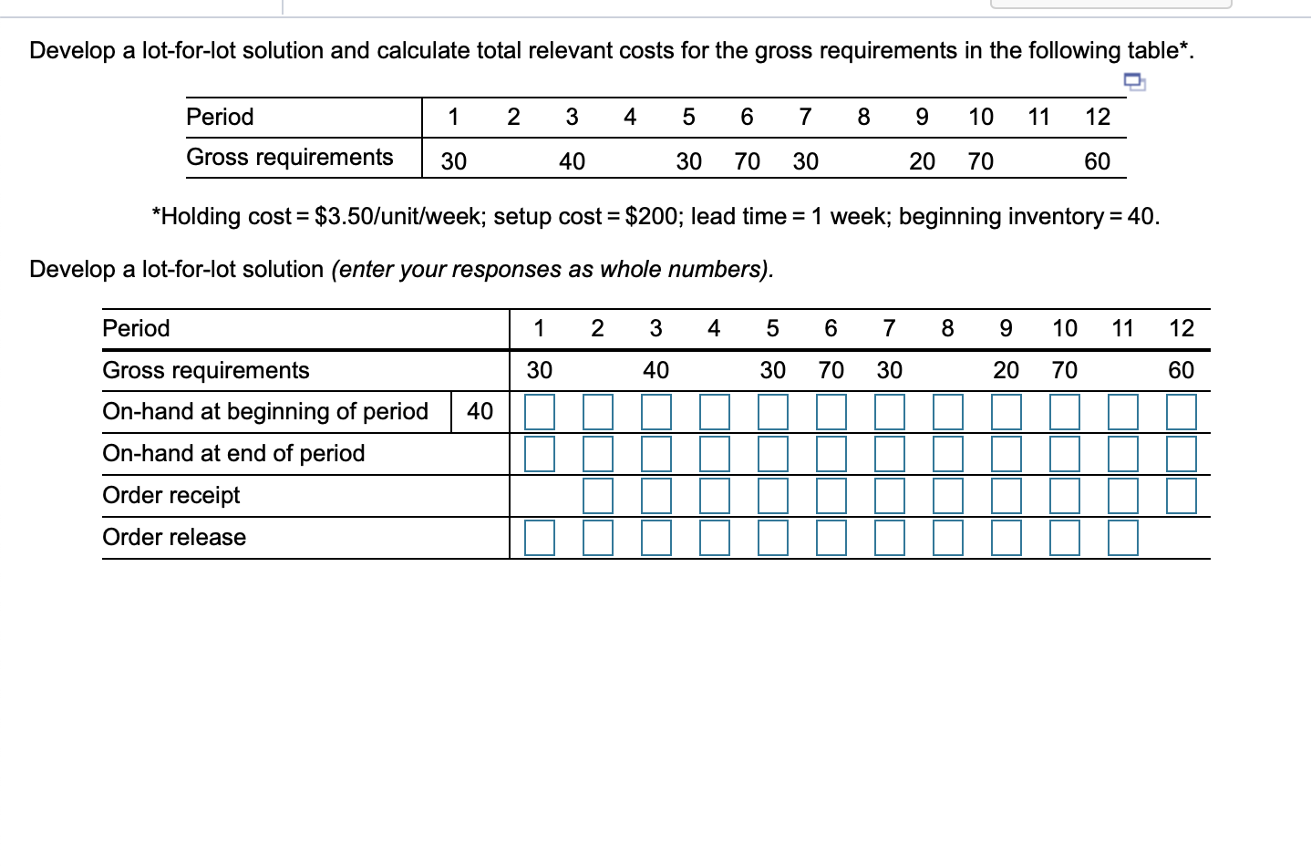 The total cost is? Develop a lot-for-lot solution