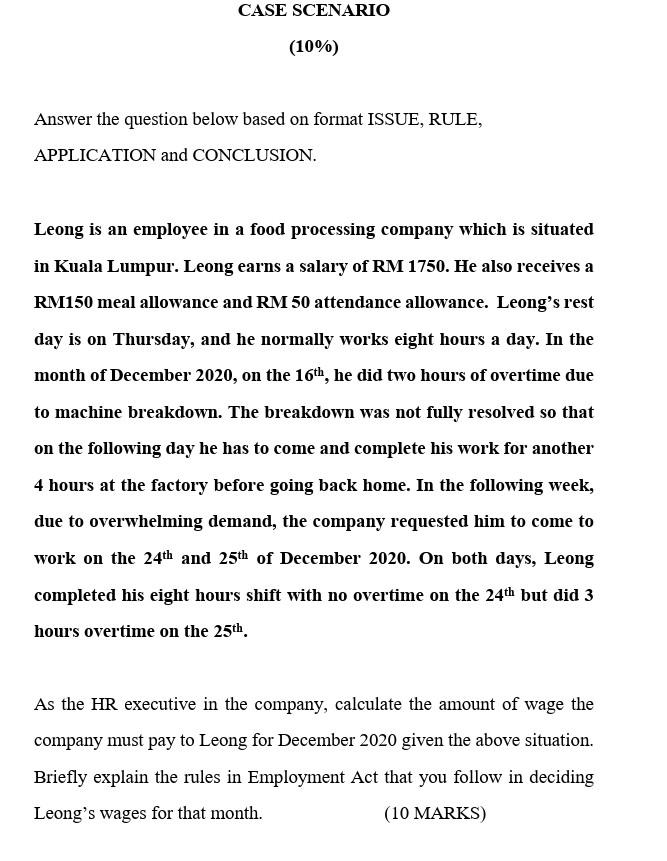 Employment law CASE SCENARIO (10%) Answer the