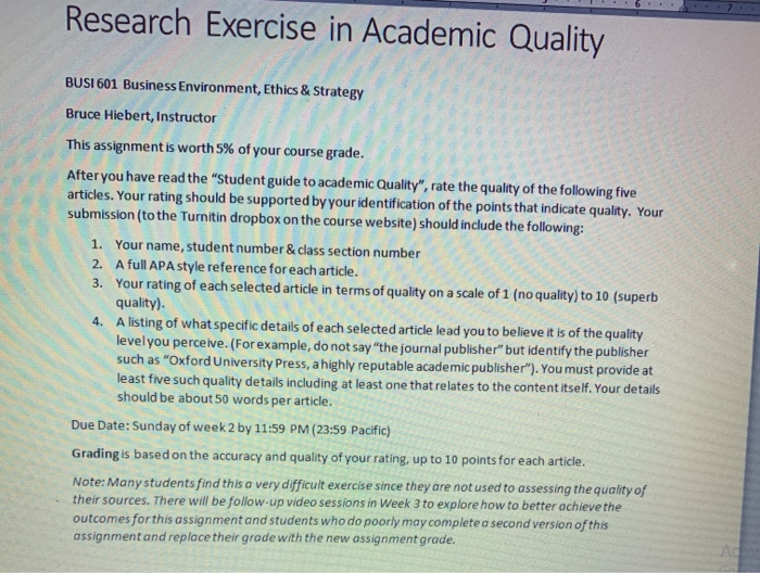 Research Exercise in Academic Quality BUSI 601