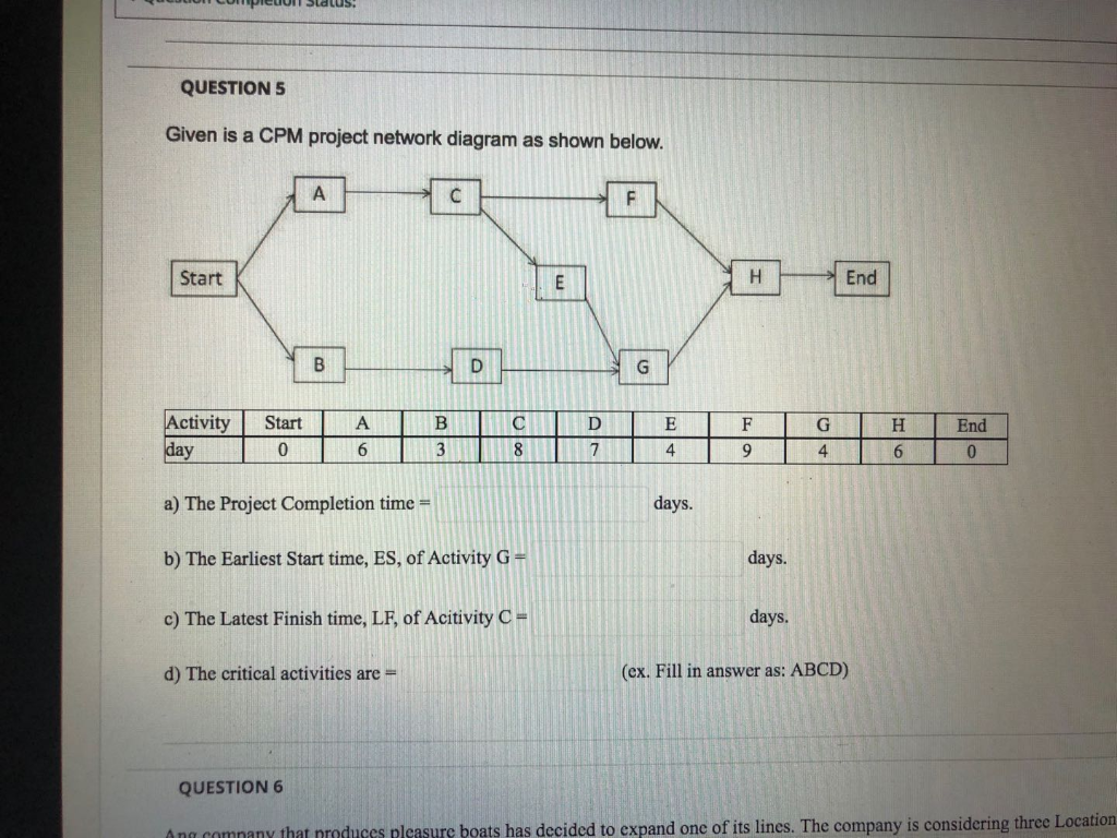 QUESTION 5 Given is a CPM project network diagram