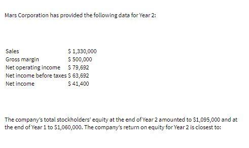Mars Corporation has provided the following data