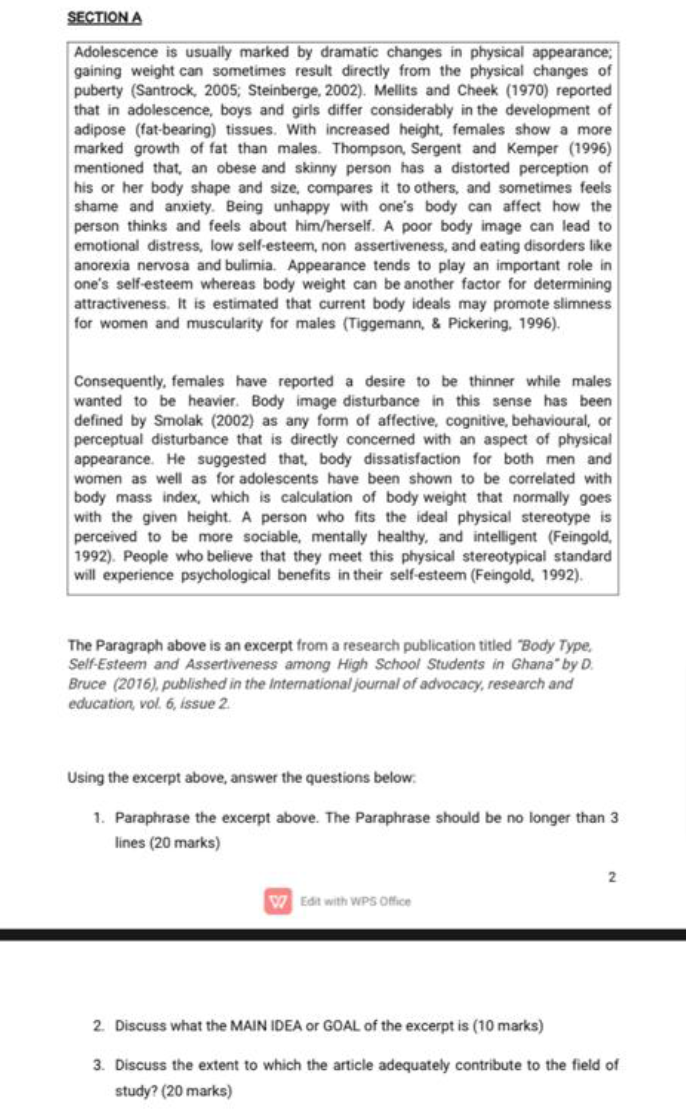 SECTION A Adolescence is usually marked by