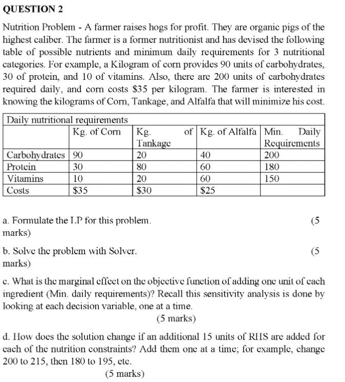 QUESTION 2 Nutrition Problem - A farmer raises