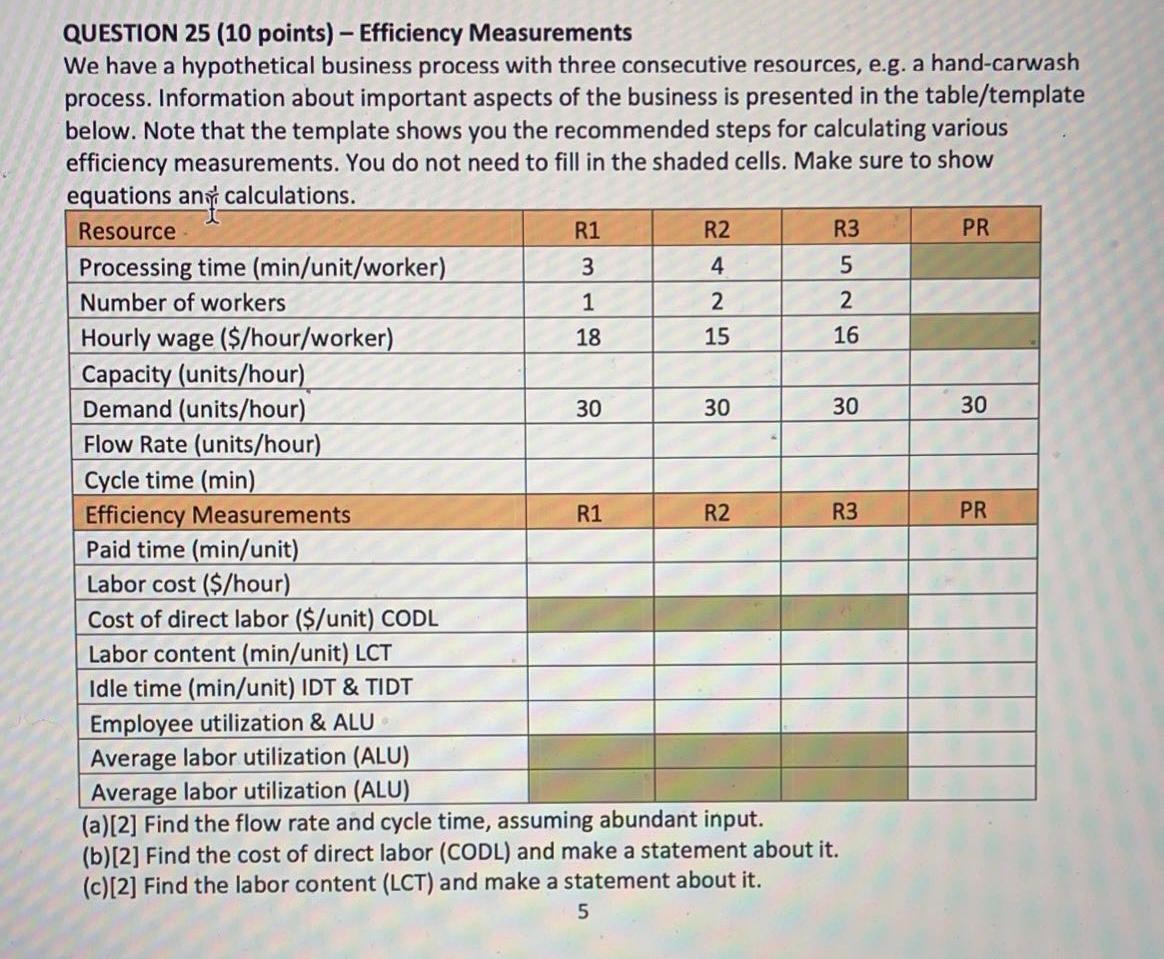 QUESTION 25 (10 points) - Efficiency Measurements