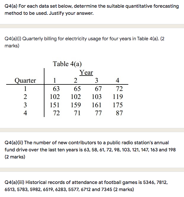 Q4(a) For each data set below, determine the