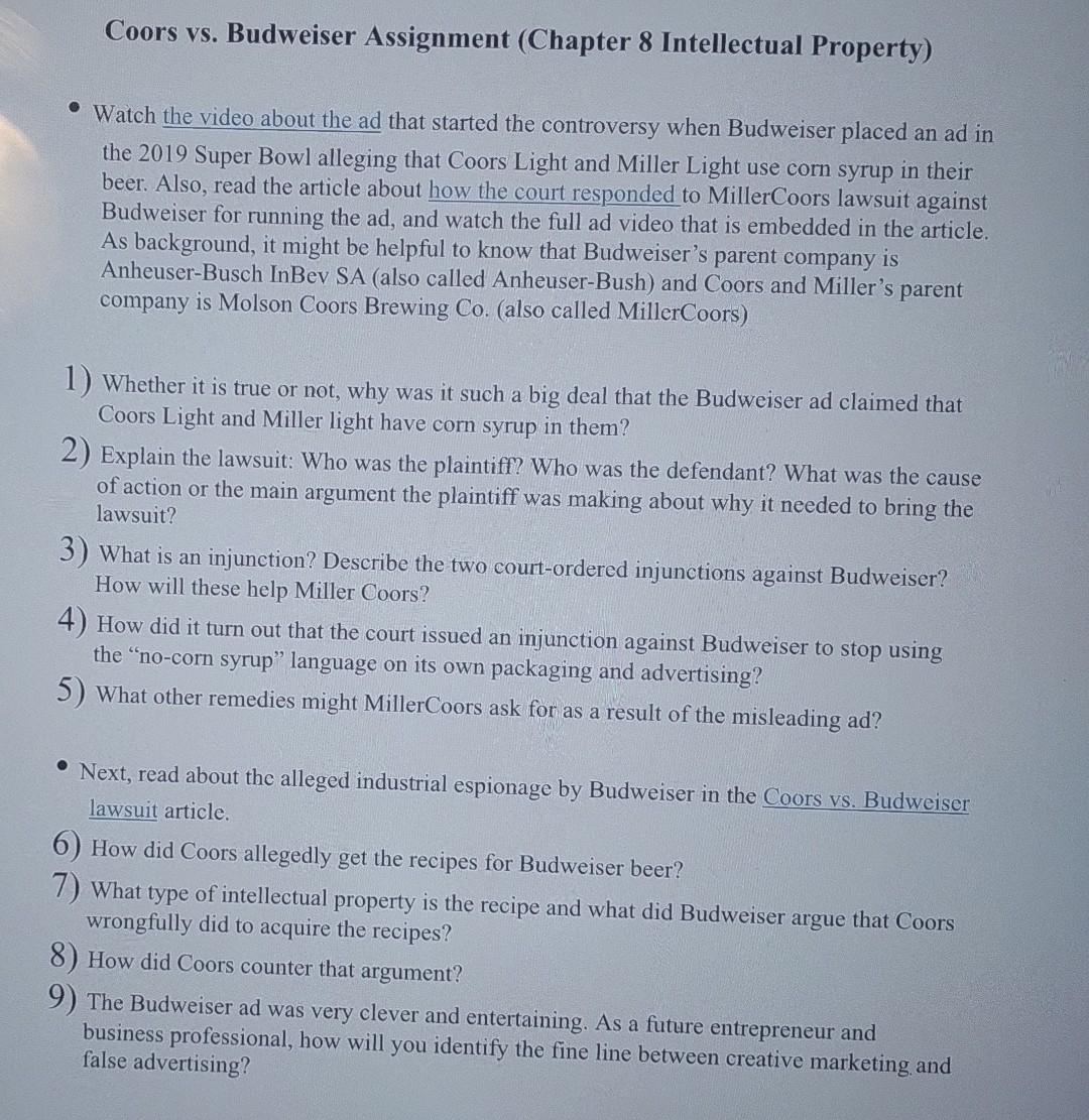 Coors vs. Budweiser Assignment (Chapter 8