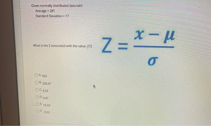 Given normally distributed data with Average =