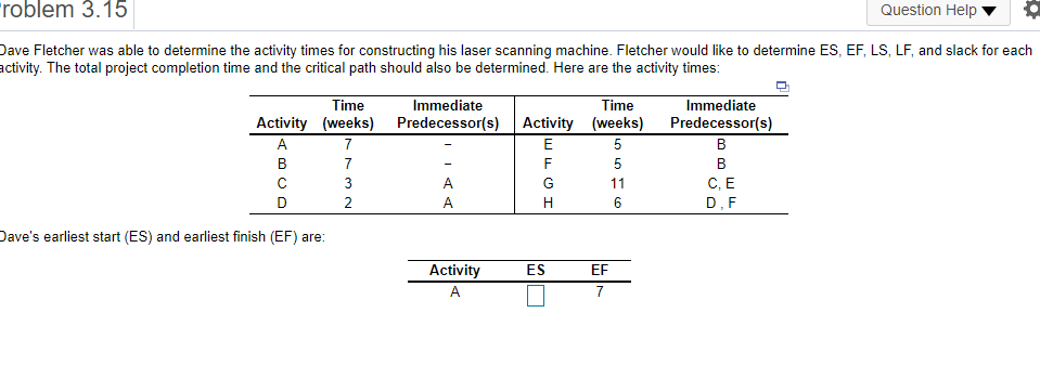 FillA-H & find critical path & project Duration