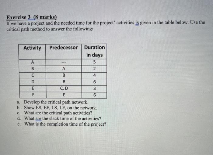 Exercise 3 (8 marks) If we have a project and the