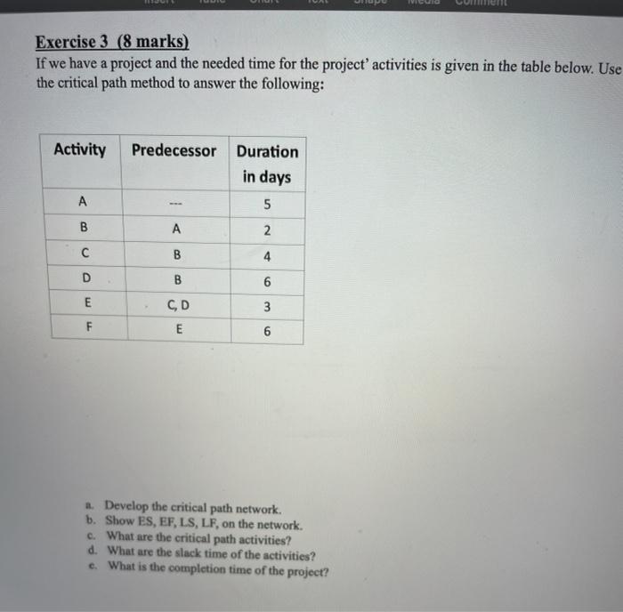 Exercise 3 (8 marks) If we have a project and the