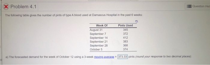 Problem 4.1 Question Hel The following table