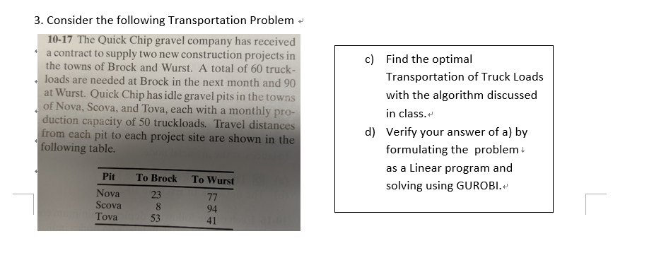3. Consider the following Transportation Problem