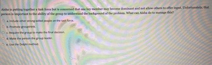 Aisha is putting together a task force but is