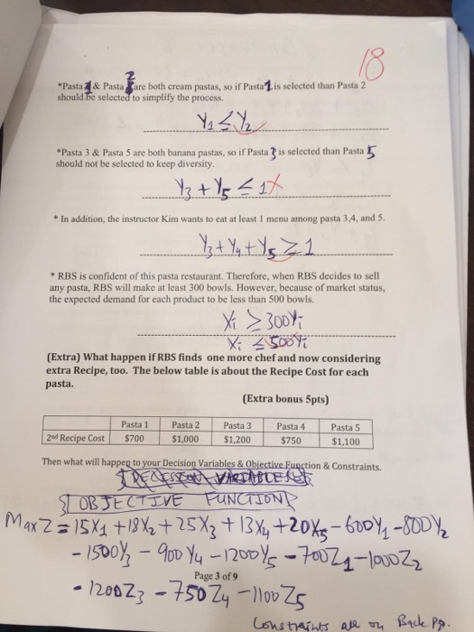 answer pasta question base on question 1 Question
