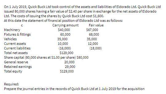 On 1 July 2019, Quick Buck Ltd took control of