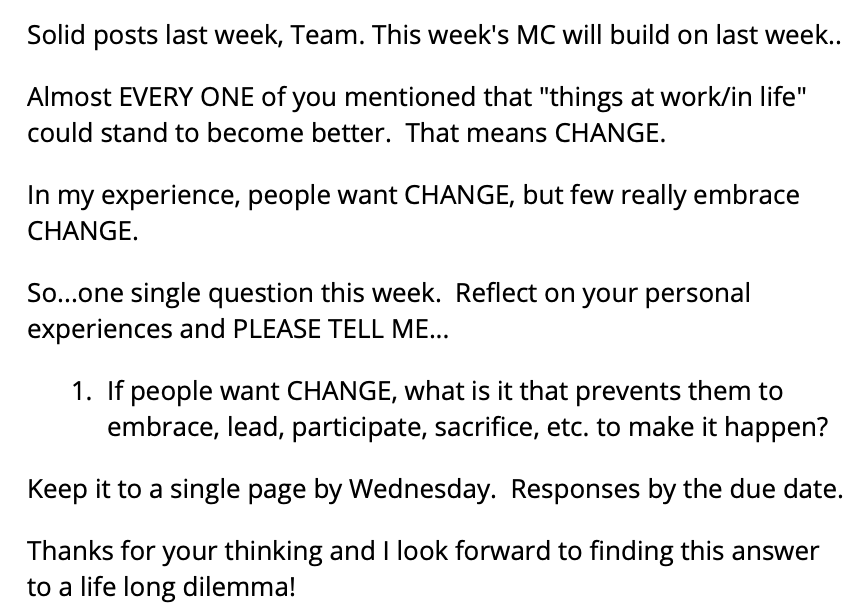 Solid posts last week, Team. This week's MC will