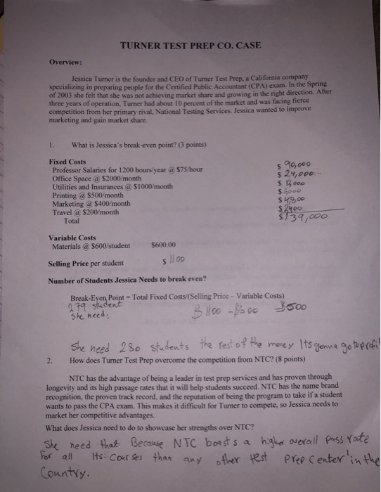 please answer all questions TURNER TEST PREP CO.