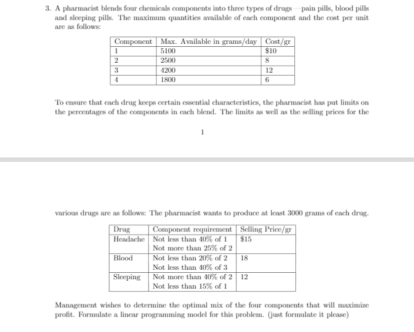 3. A pharmacist blends four chemicals components