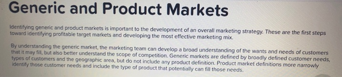 marketing question Generic and Product Markets