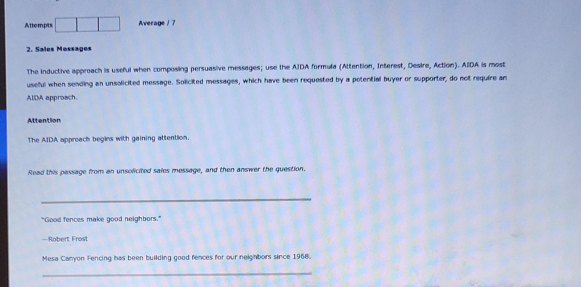 Attempts Average 17 2. Sales Messages The